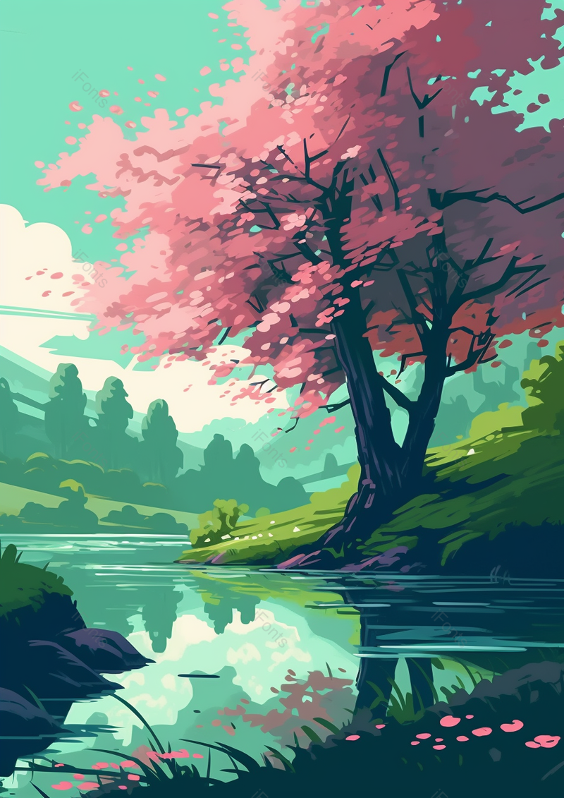 粉色花朵树木下的绿色草地河流,插画/手绘图,插画/手绘图库,插画/手绘图下载,插画/手绘